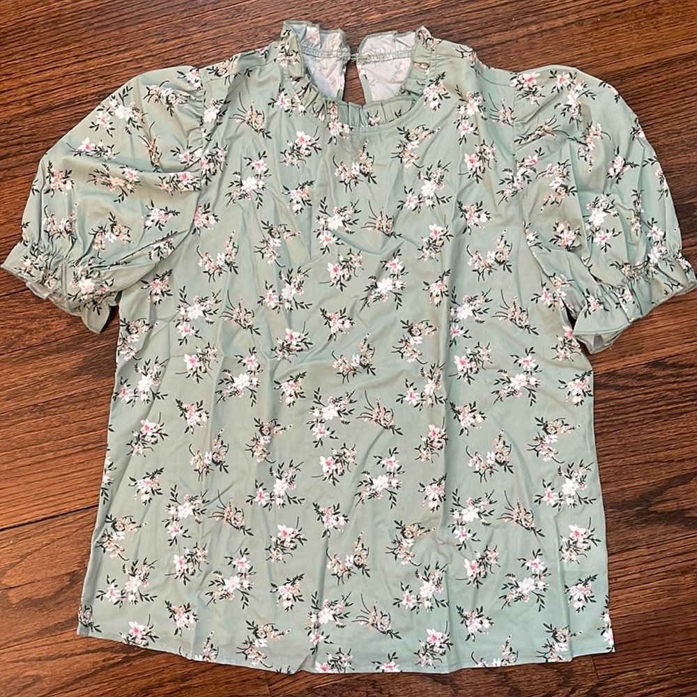 Floral print ruffle puff short sleeve casual blouse